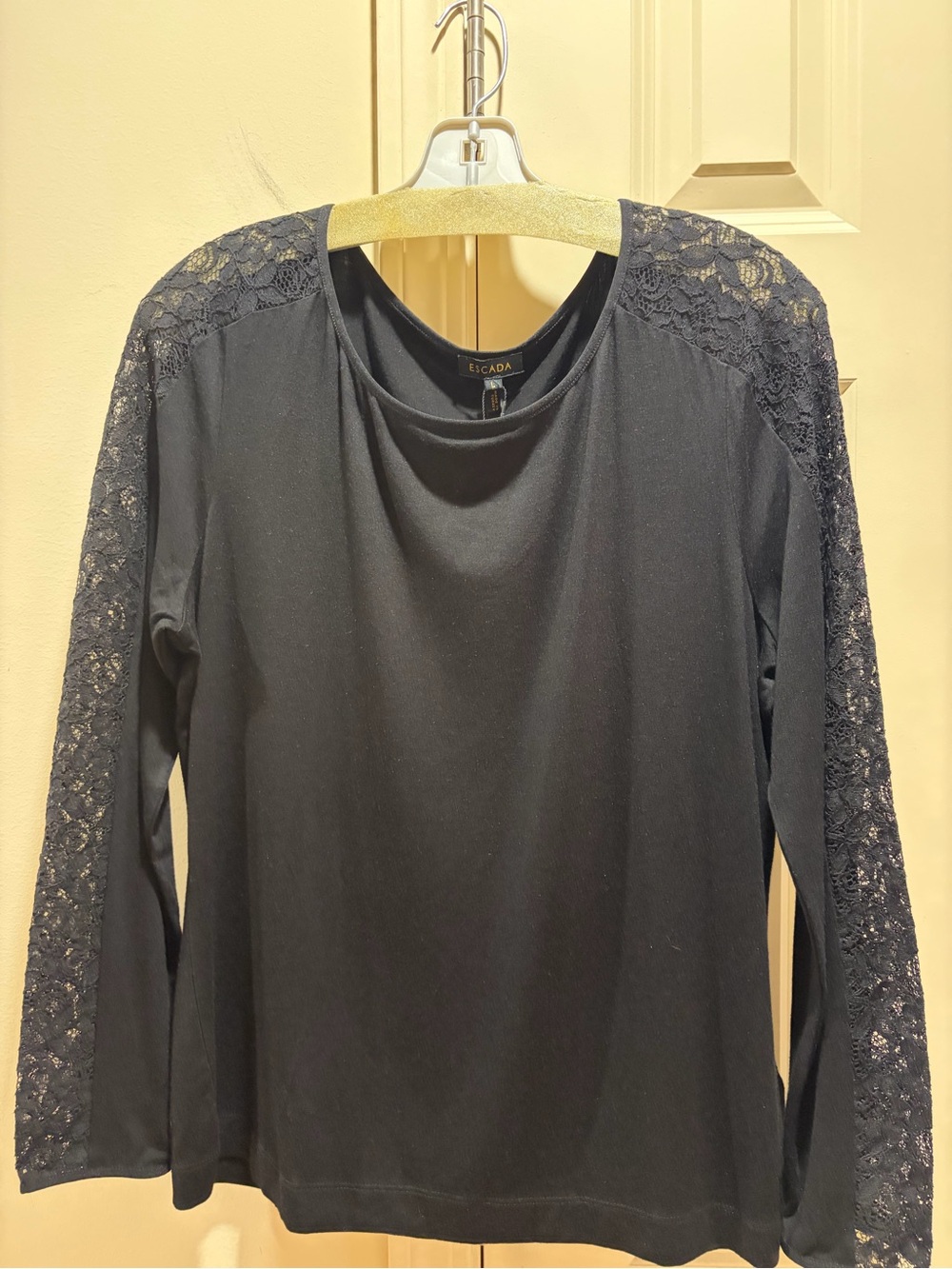 Escada Black Long Sleeve Top with Lace Shoulder and Sleeve Panels